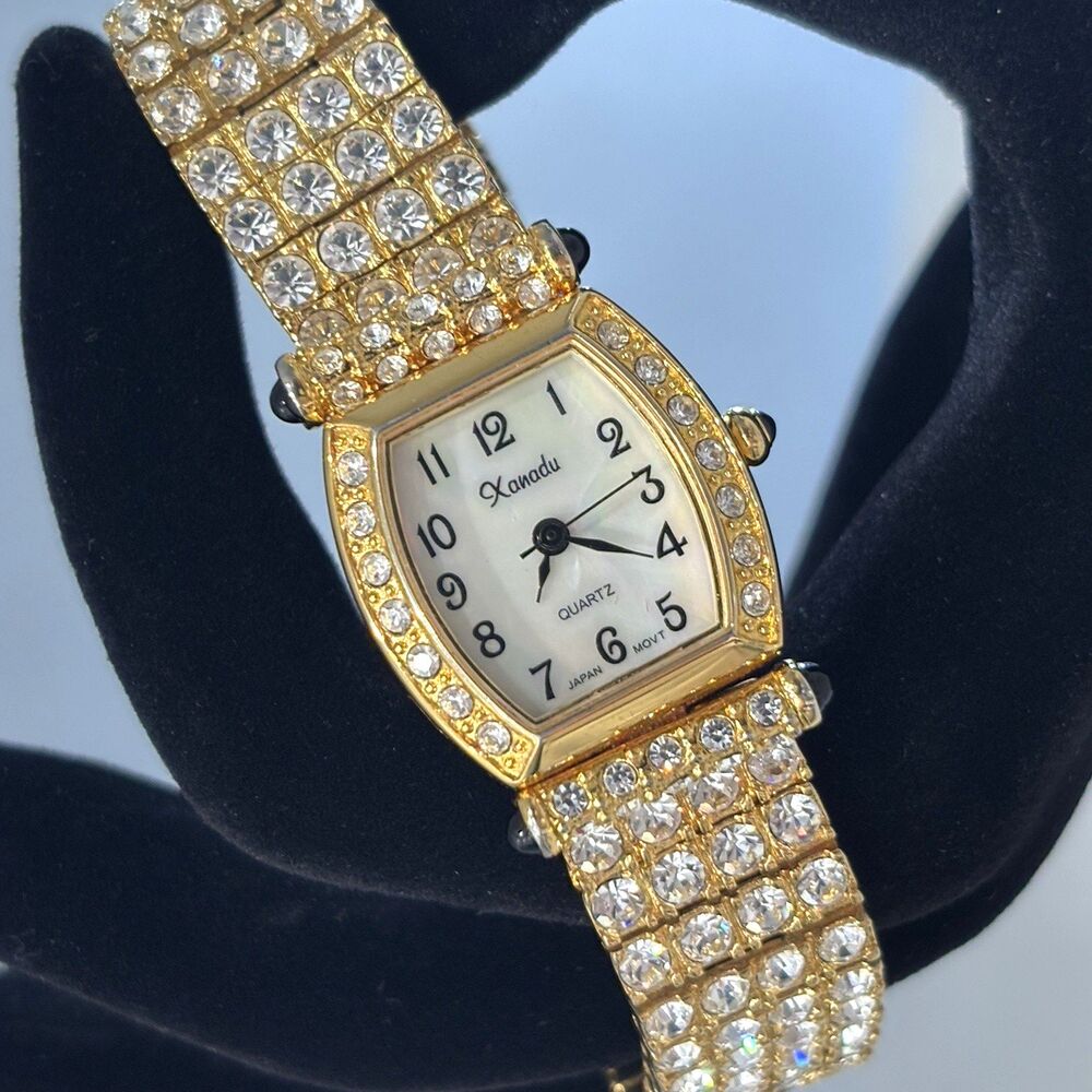 Vintage Xanadu Watch Rhinestone Gold Tone Bracelet MOP Needs Battery 6.75"